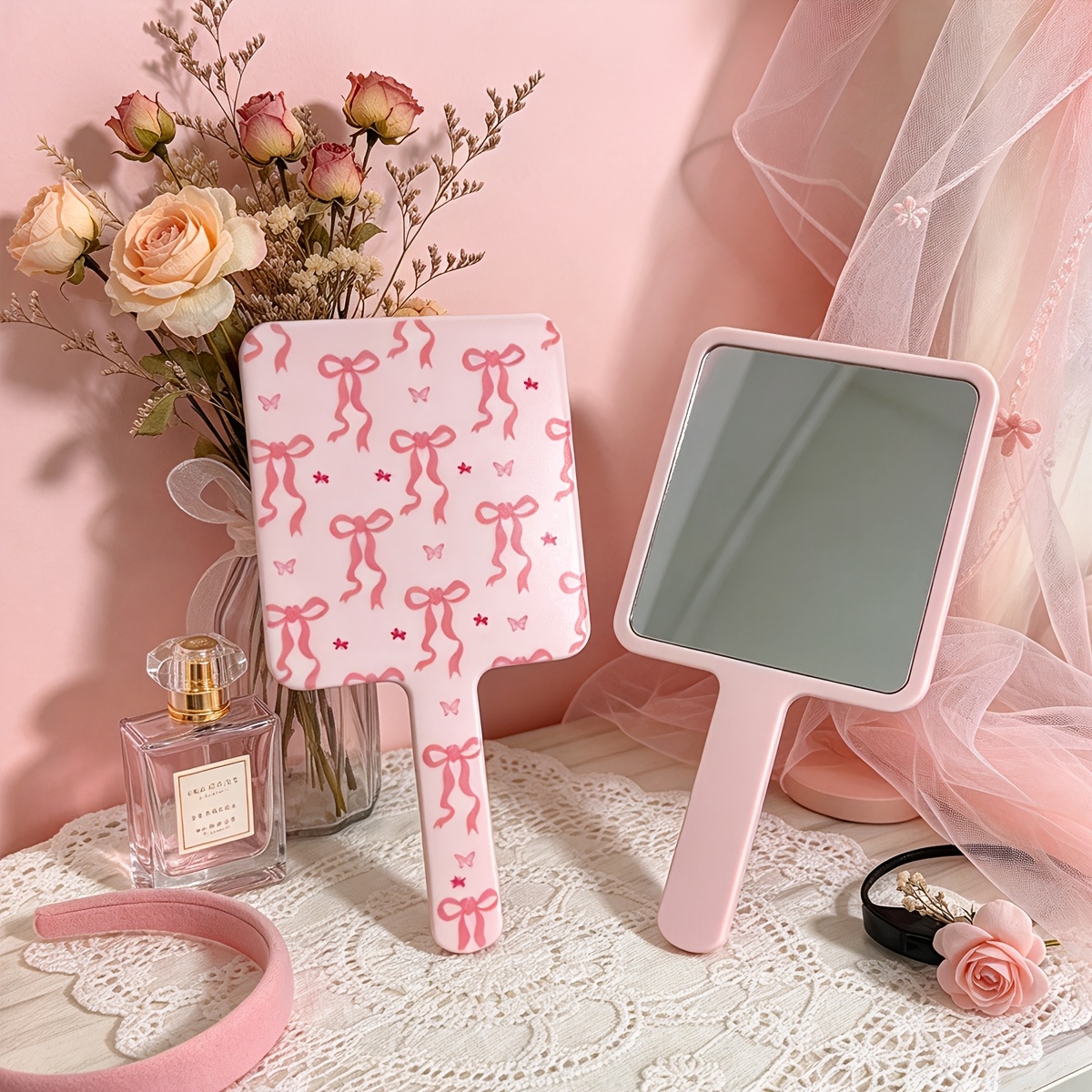 TEMU Pink Bow Print Handheld Mirror Suitable For, Portable Handle Makeup Mirror With Bow, -up Mirror For, Travel, & Desktop - Bow Bow For On-the-