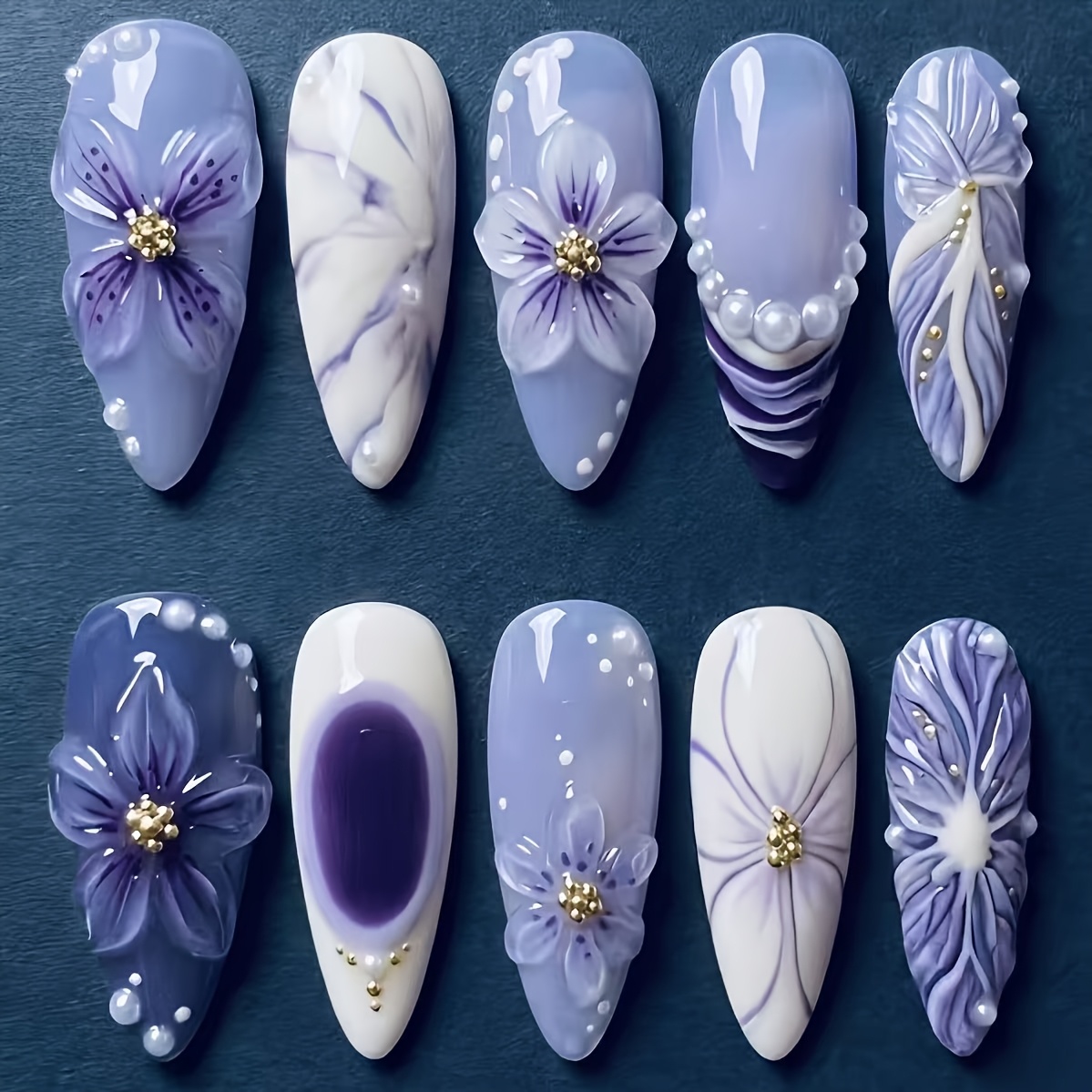 TEMU 10pcspcs 10pcs Luxury Almond Shaped Press On Nails With 3d Carved & - Gradient Ombre Suitable For Hands, Reusable False Nails For, Wedding,,