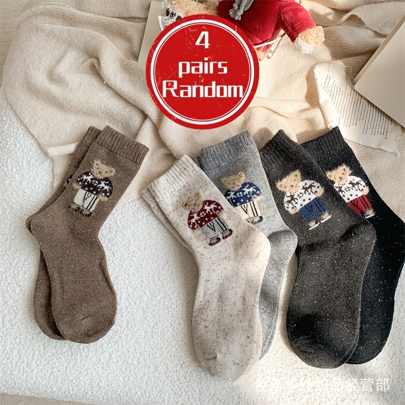 TEMU 4 Pairs Of Mixed Random Color Bear Socks For Women, Autumn/winter Style, Cute And Versatile Warm Mid-calf Socks, College Style Vintage Women's