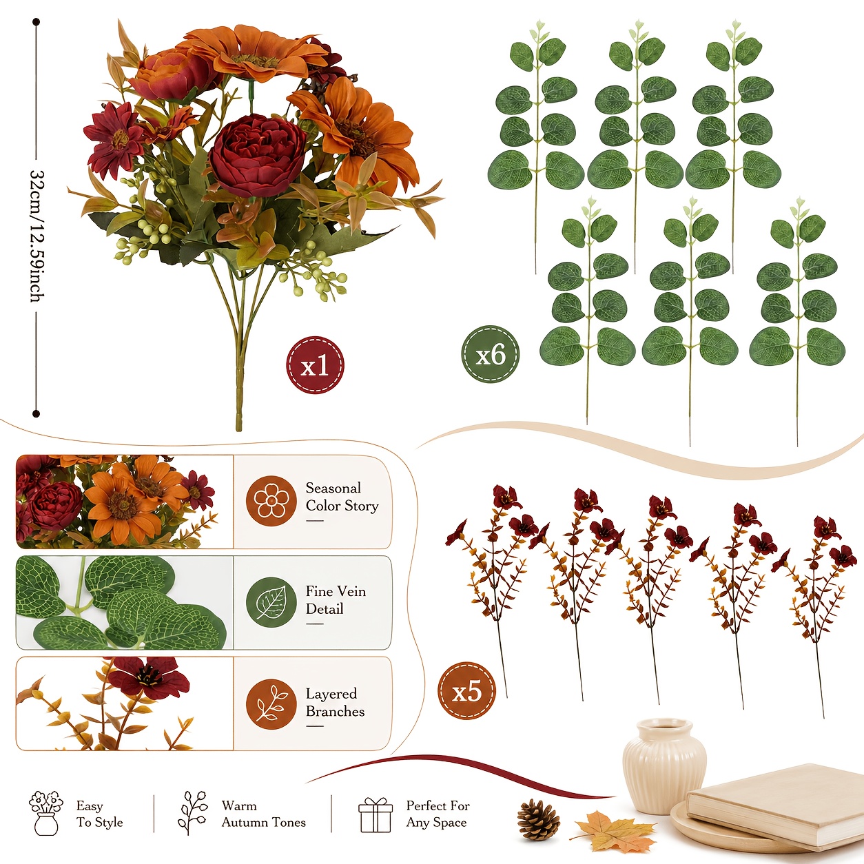 TEMU 12pcs Autumn Warm- Mixed Artificial Flower Bouquet, Combination Of Sunflowers, Marigolds, Burgundy Roses, Peonies, Red-orange Small Daisies, And