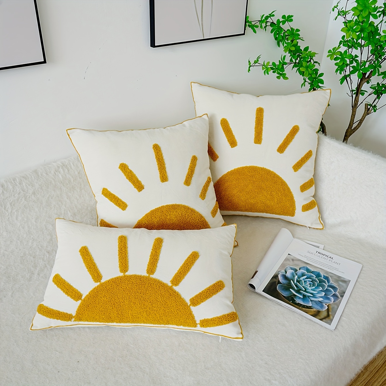 

1pc Cotton Canvas Yellow Sun Embroidered Cushion Cover Without Filler, Modern Decorative Throw Pillowcase For Sofa Living Room Home Decor Room Decor