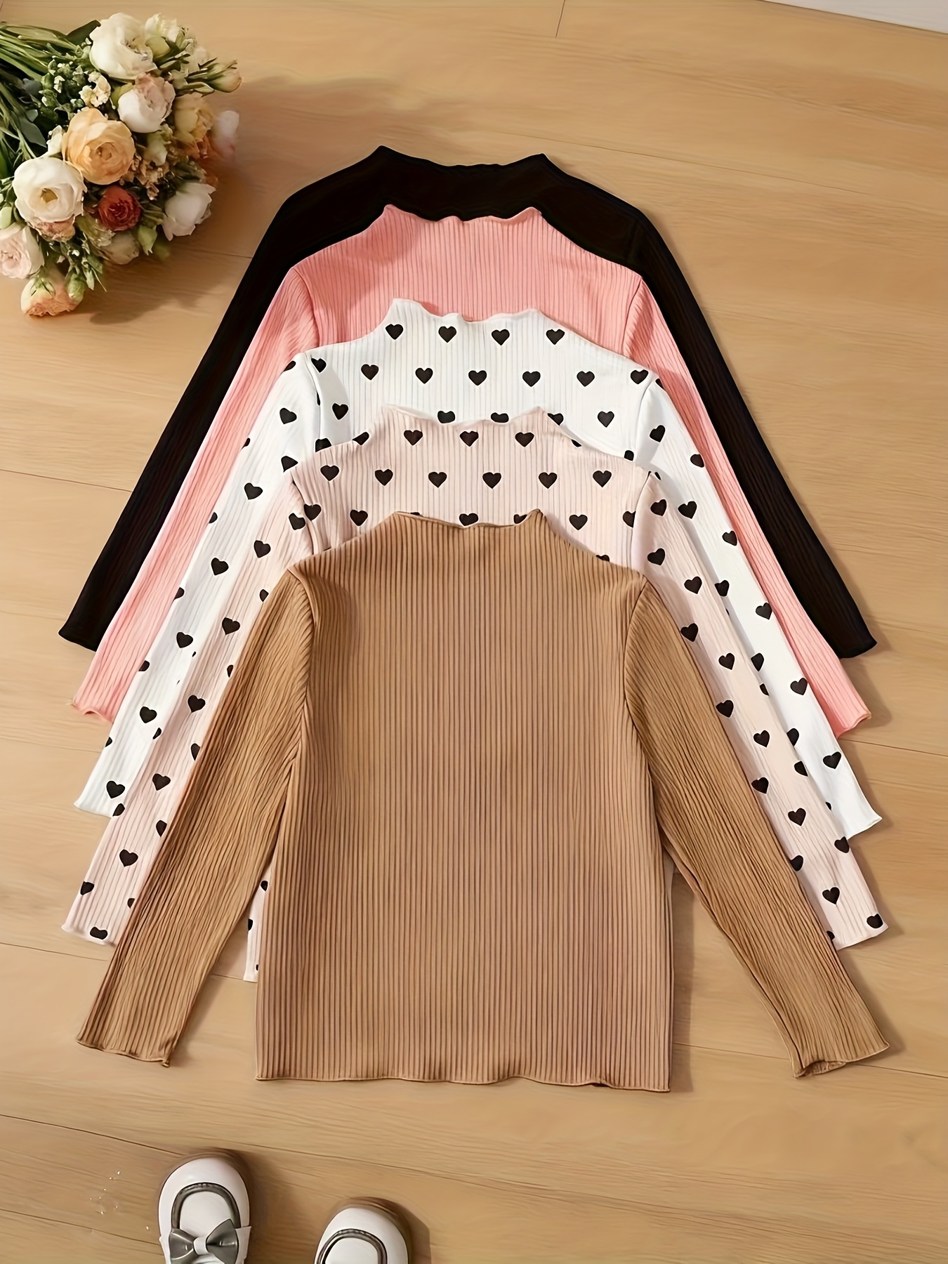 5pcs Girls' Heart Pattern Long-Sleeve Tops Set, Spring/Autumn