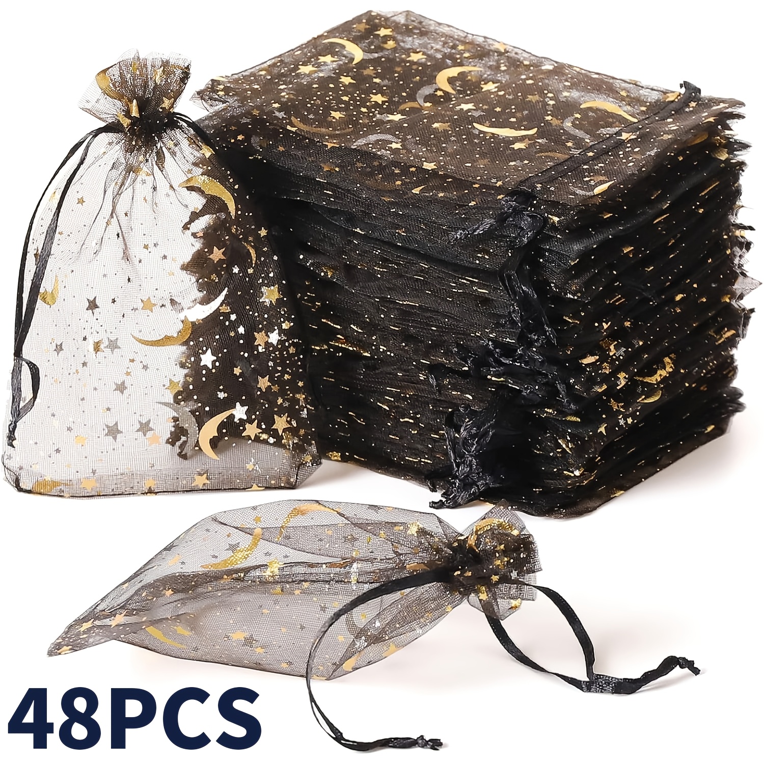 TEMU Gift For Her/him 48pcs/set 3.5x4.7 Inch Black Moon Star Organza Drawstring Gift Pouches, Random Mixed Pattern Transparent Fine Mesh Storage Bags