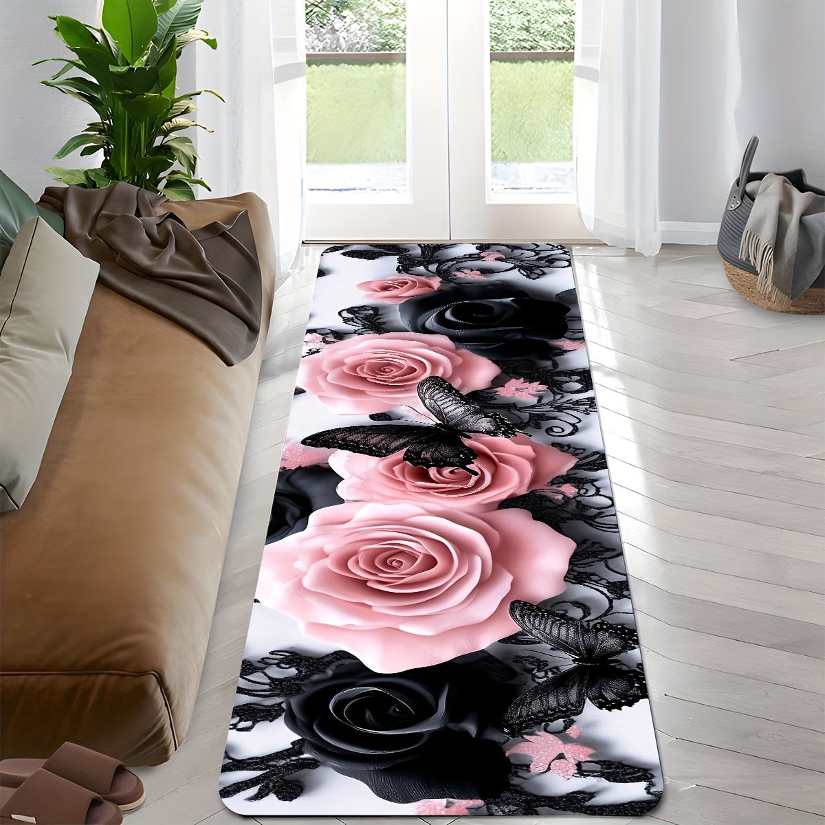 TEMU Tapis de couloir élégant 1 pièce, , 1 cm d'épaisseur, 550 g/m² - Antidérapant, lavable en machine, en , motif et noir, parfait pour salle de