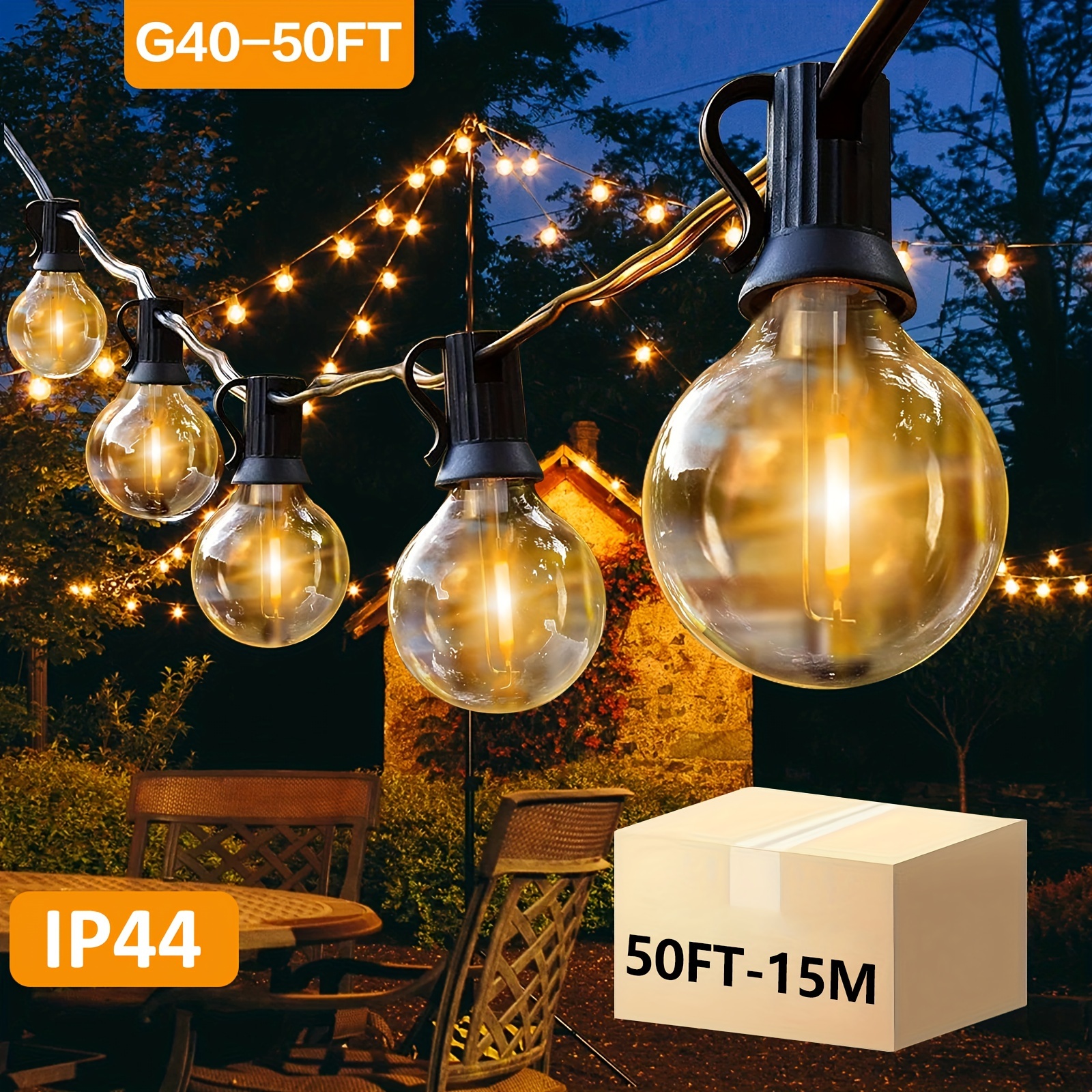 

50ft G40 Led String Lights - Pure Copper Wire, 25 Warm Filament Bulbs For Outdoor - Gardens, Decks, Parties & Holidays