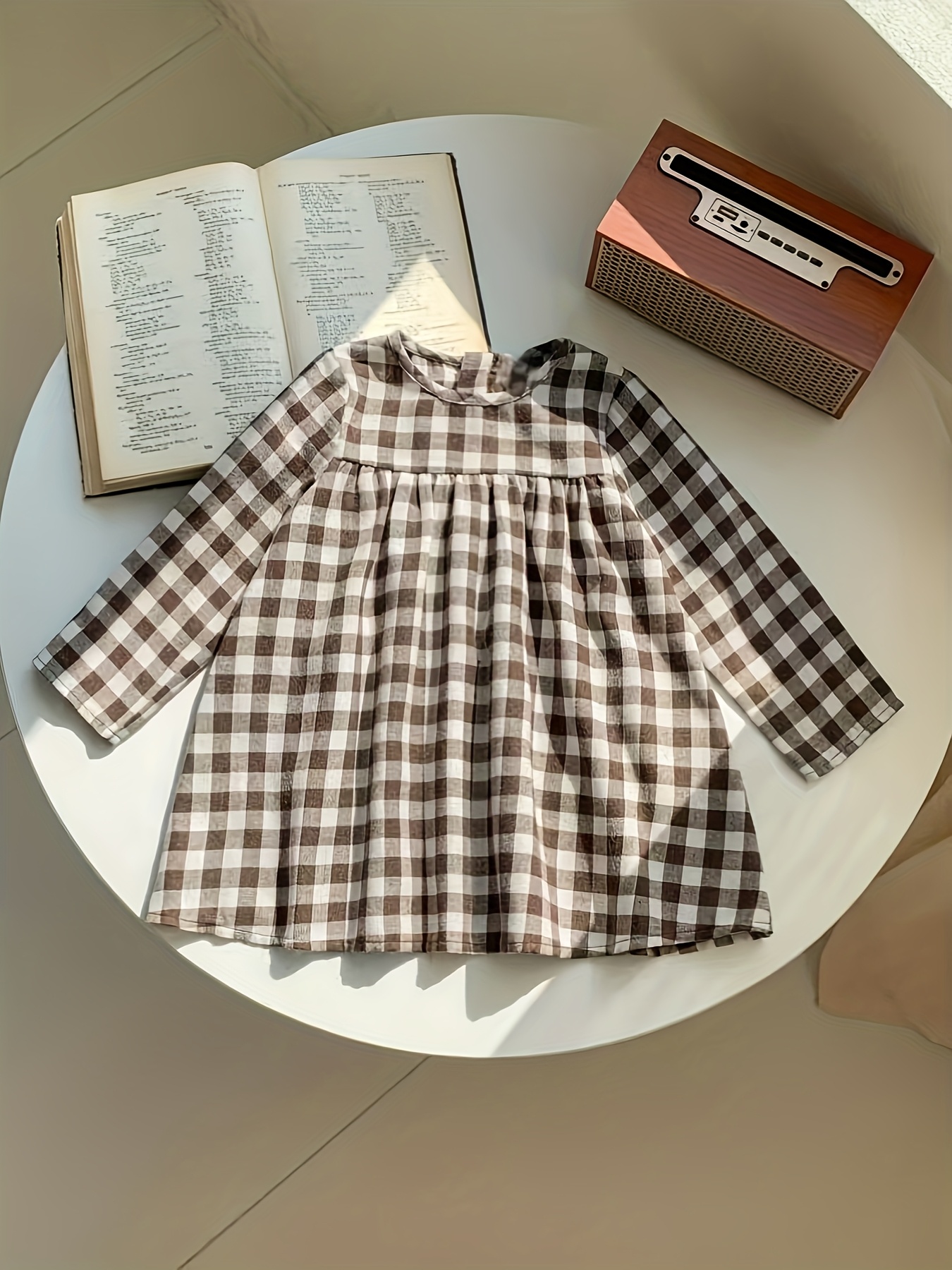 Baby Girls' Autumn Winter Brown Checkered Casual Round Neck Long Sleeve *  Dress, Toddler Kids Outing Outfit