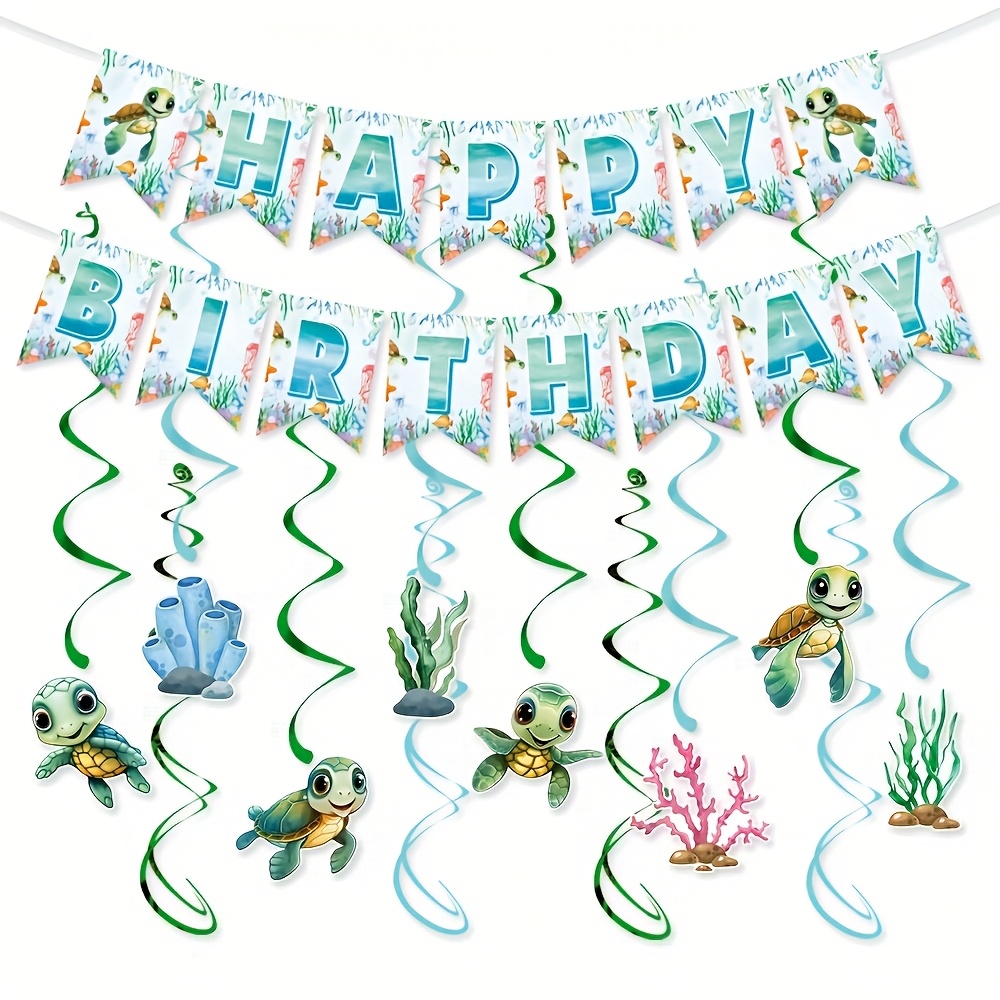 Image of Ocean Theme Birthday Banner Set, Happy Birthday Letter Banner, Turtle And Coral Spiral Ornaments, The Product Includes 1 Set Of Banner, 4 Double , 8 Single And 8 Tags