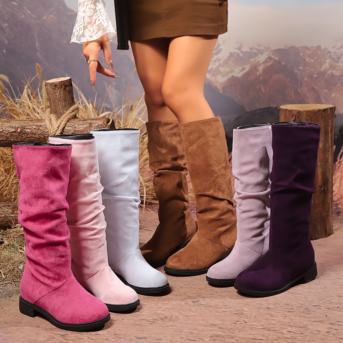 

Women' Color Slouchy Boots, Pull On Mid-calf Soft Knight Boots, Round Toe Casual Boots For Autumn