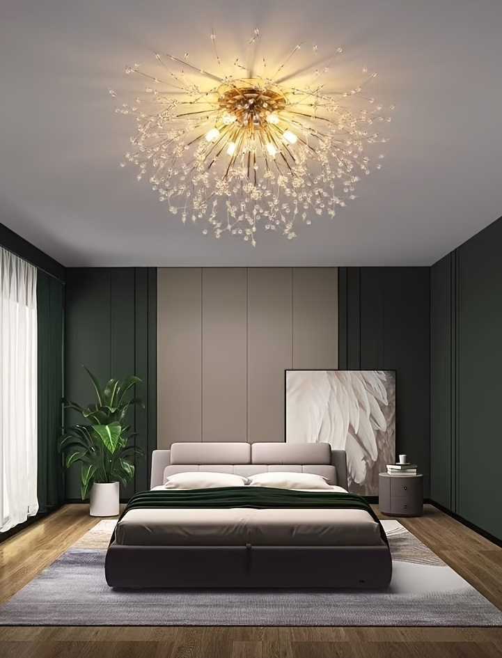 Modern Dandelion-Shaped Crystal LED Ceiling Light with 3-Color Changing Bulbs - Elegant Chandelier for Dining Room, Living Room, or Bedroom - Wall Switch Controlled (Remote Not Included), Bedroom Chandelier | Contemporary Ambiance | Metal Construction, Chandeliers for Ceiling