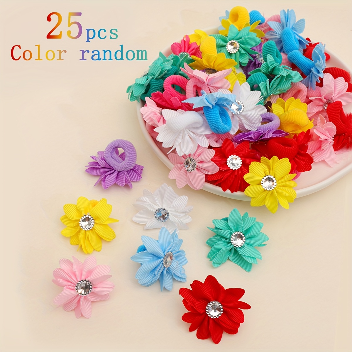 

25pcs Floral Hair Ties Set - Cute Fabric Hair Bands With Sequins, Mixed Color Flower Hair Rings For And Vacation