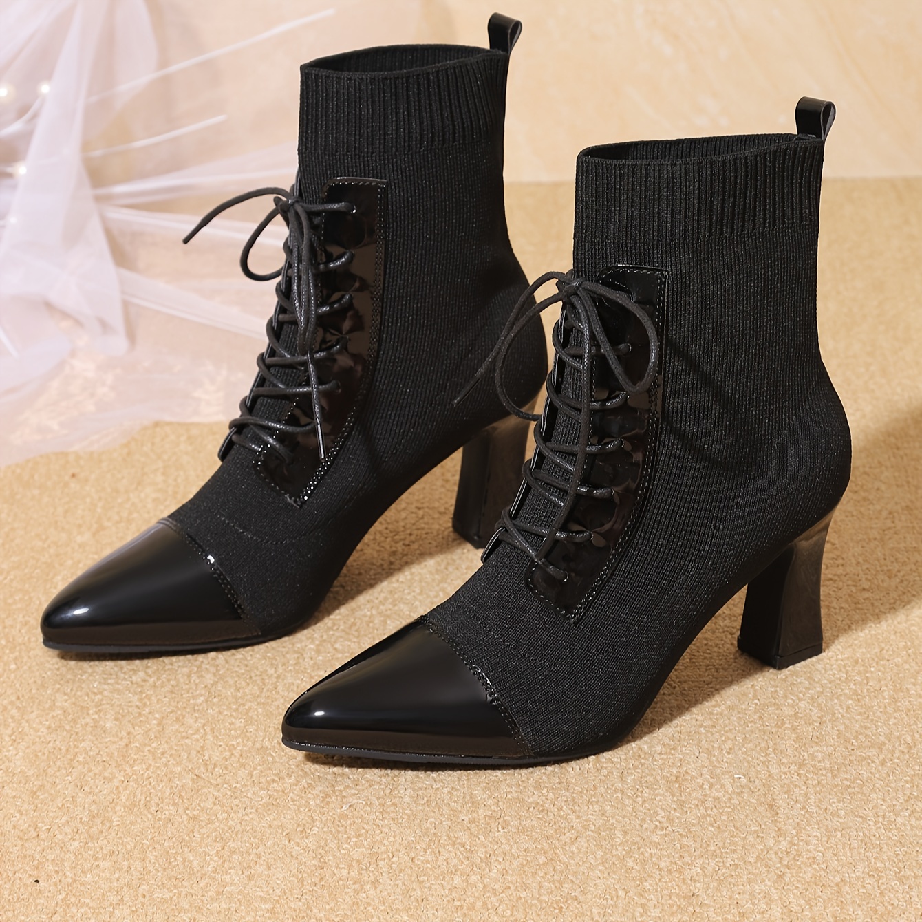 

Chic Black French-inspired Women's Ankle Boots - Slimming Pointed Toe, Stretchy Fabric With Lace-up Chunky Heel For Fall/