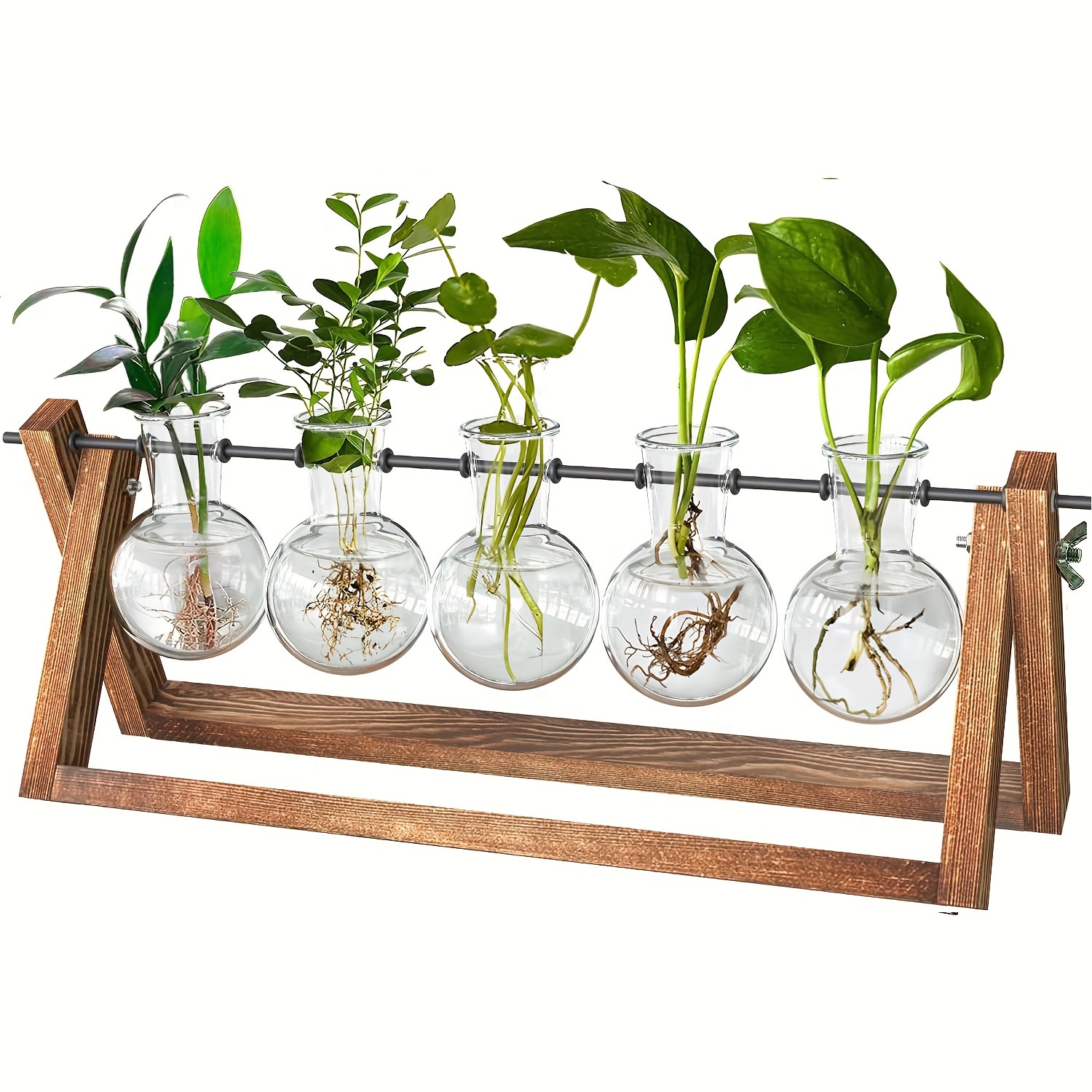 1pc desktop propagation station bulb plant terrarium with retro solid wooden stand and metal swivel holder for hydroponics plants home garden wedding decor