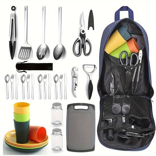 31pcs camping cooking set for camping cooking including kitchen tools tableware cups and mugs suitable for outdoor activities such as rv camping picnics and barbecues