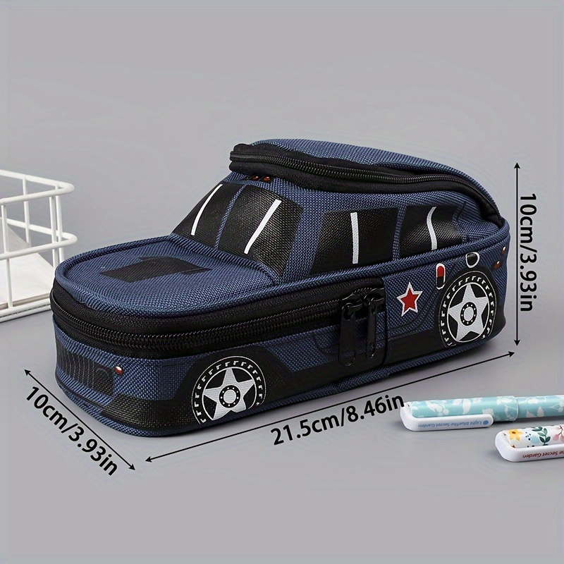 1pc Car-shaped Printed Pencil Case, Double-layer Large Capacity Stationery Storage Bag