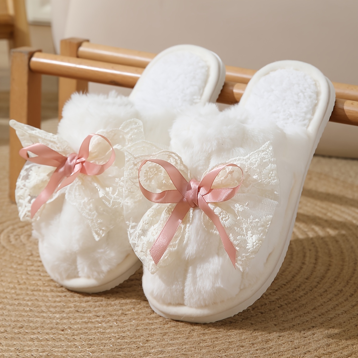 Image of Autumn/winter Women's Closed-toe Slip-on Floor Slippers With Lace And Bow, Cute For Home Indoor Wear, Comfortable, Lightweight, Non-slip, Warm, And Casual, Women Shoes