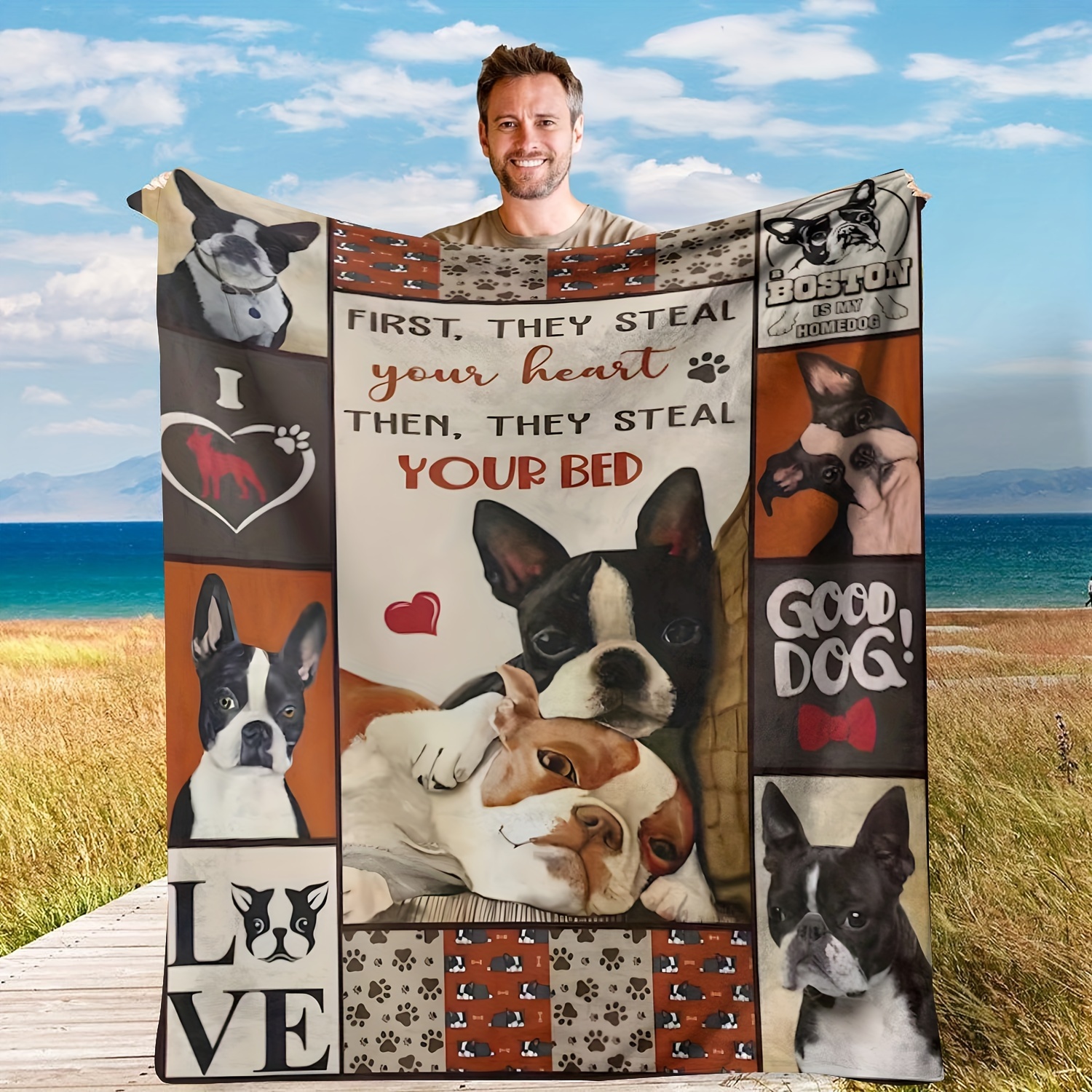 

1pc, Pet Lover Fleece Blanket, Soft Flannel Throw For Dog Moms, First They Steal Your Heart, Then They Steal Your Bed , Boston Terrier & Bulldog Design, Cozy Home Decor