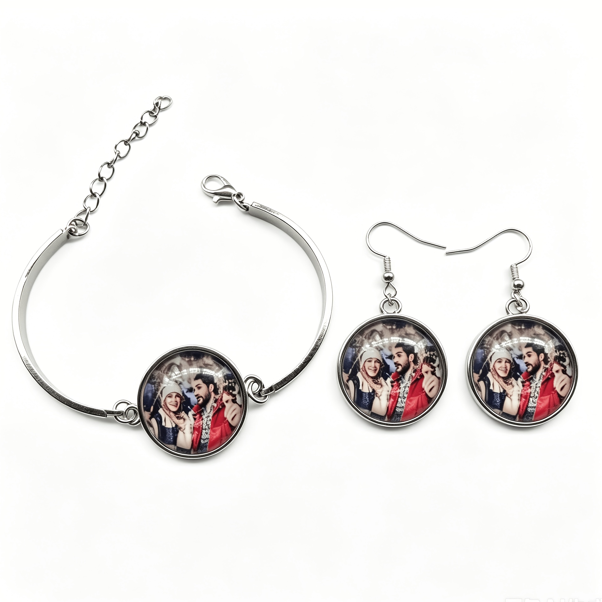 TEMU [customization] 3pcs (1pc Bracelet, 1 Pair Earrings) Custom Photo Jewelry Set, Personalized Family, , Couple, Pet Picture Bracelet And Earring