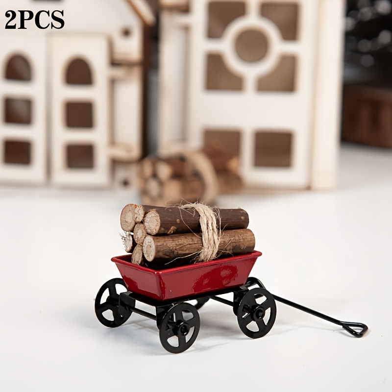 TEMU 2pcs Mini Handcarts With Firewood, Small Trailer Ornaments, Suitable For Desktop Decoration, Photography Props, Party Supplies, Dollhouse Mini