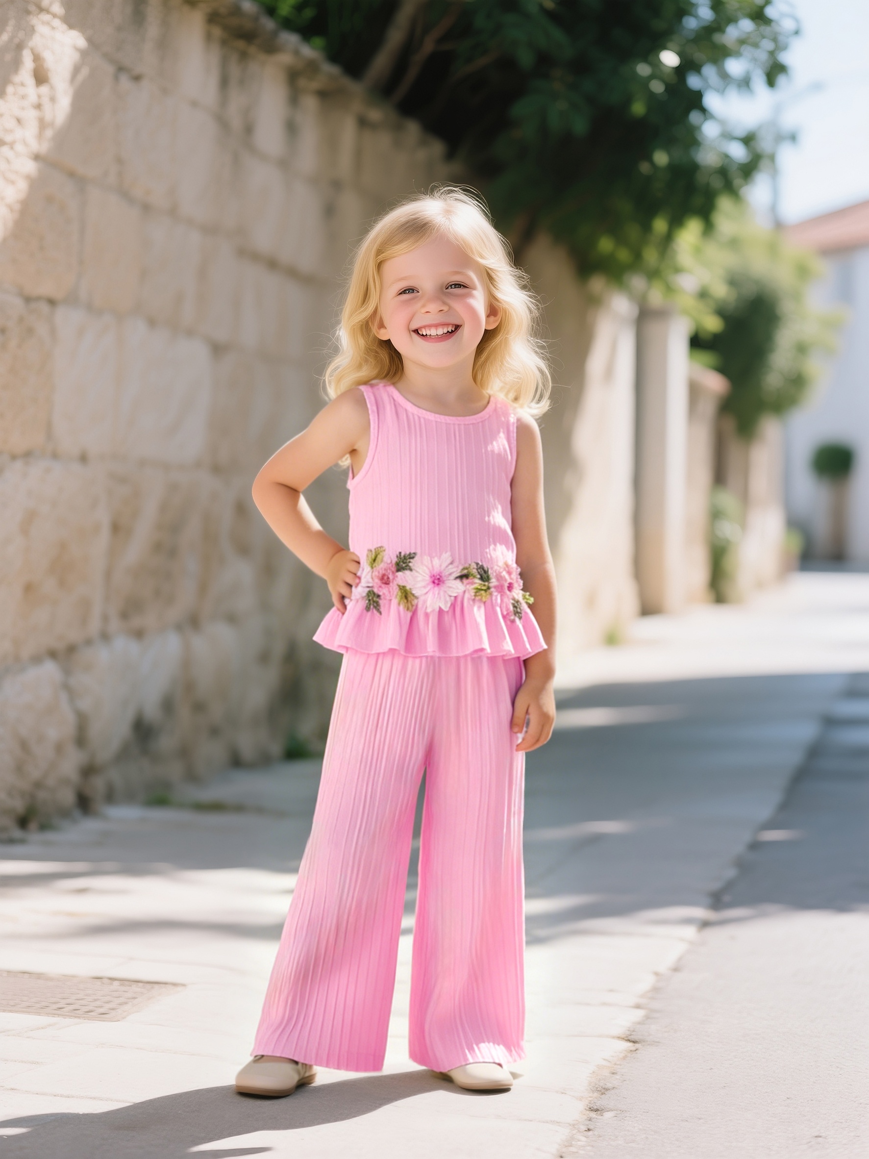 2pcs set girls tank top and wide leg pants set featuring stylish lace trim and ruffle details simple and fashionable design ideal for girls daily casual wear   and summer suitable for girls aged 1 8 for daily leisure and sports