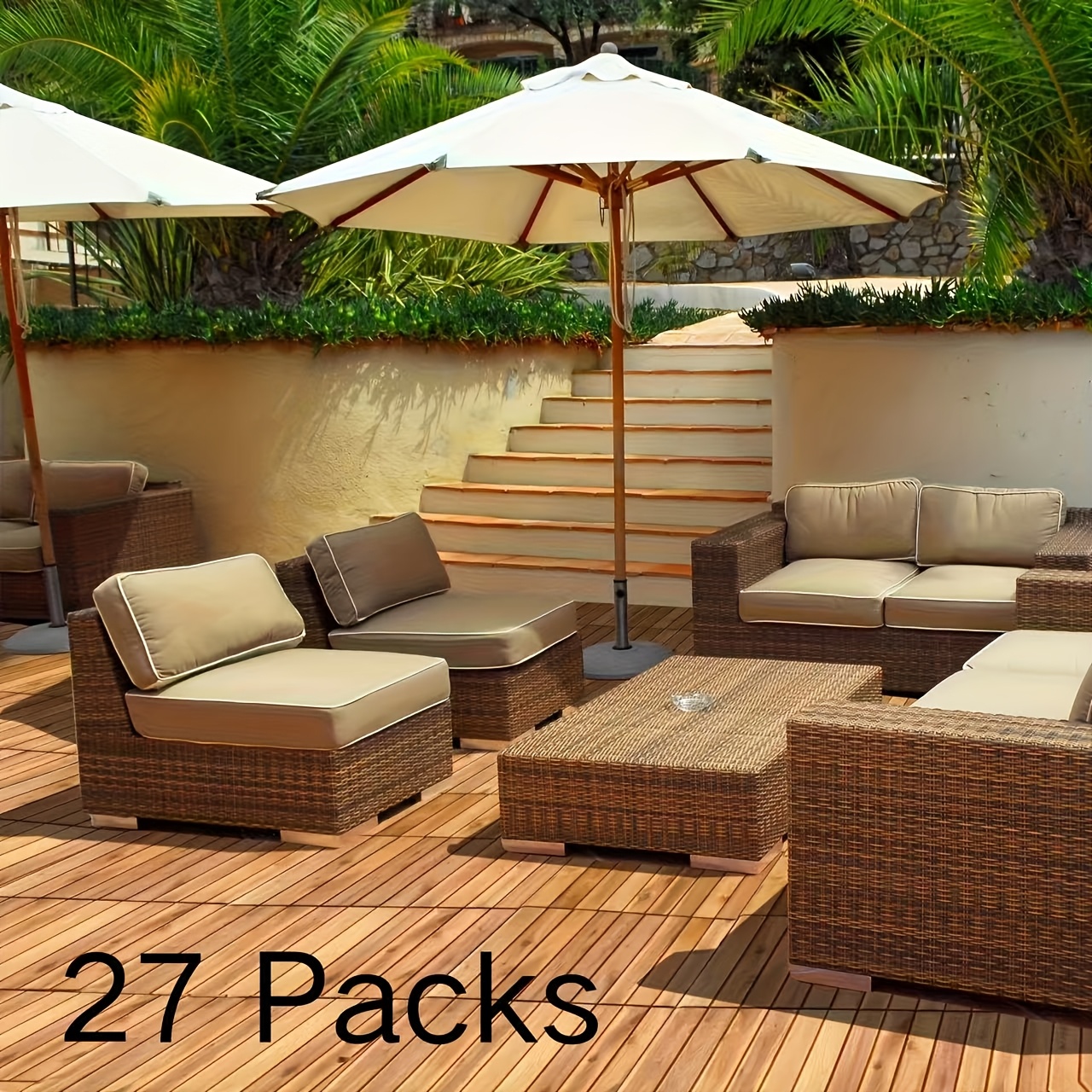 TEMU 10/27pcs Solid Acacia Wood Interlocking Patio Deck Tiles - Water-resistant, Easy-to-assemble, Indoor & Outdoor Floor Mat, Carpet Tiles For