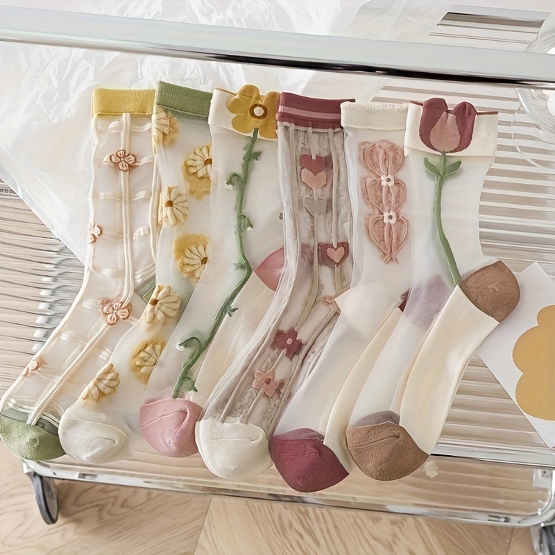 

6 Pairs 3d Textured Floral Mesh Socks, Comfy & Breathable Mid Tube Socks, Women's Stockings & Hosiery