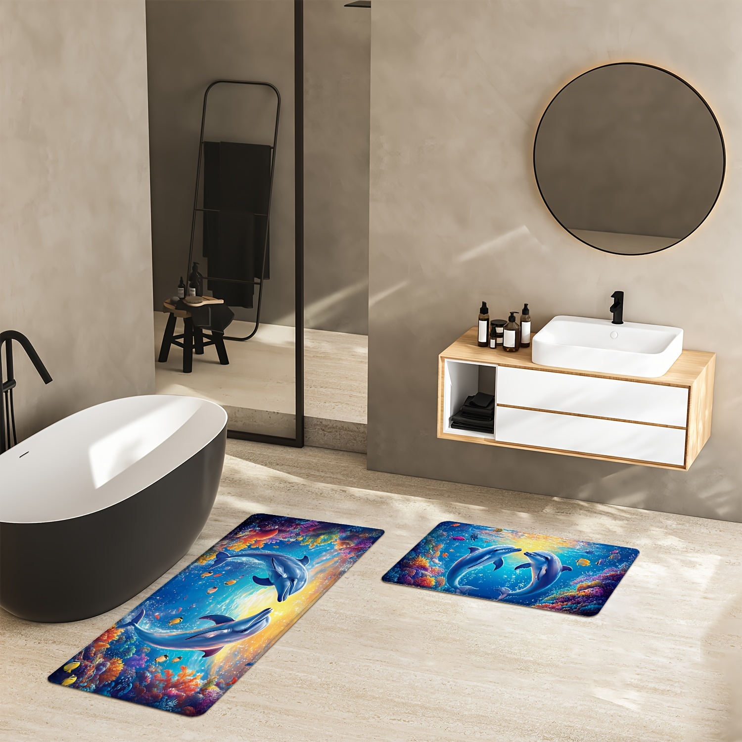 

Ocean Dolphin Scene Knit Bath Rug Set - Polyester Non-slip Knitted Bathroom Mats With Backing, Machine Made, Rectangular, 550gsm - 1pc Or 2pcs Set, Ideal For Christmas Decoration And Gifts