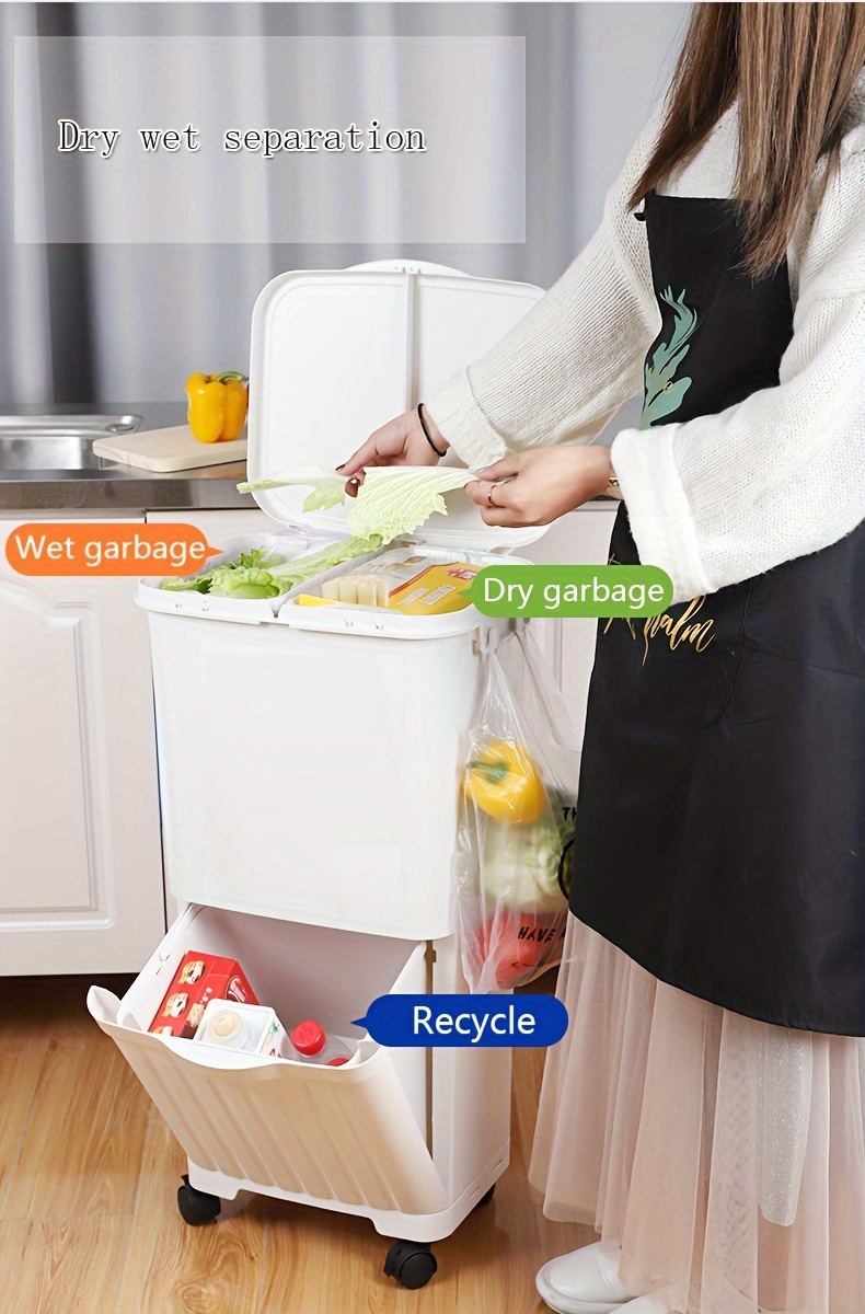 large dual compartment trash can with lid odor resistant movable design for kitchen home waste   recycling dry wet   storage details 0