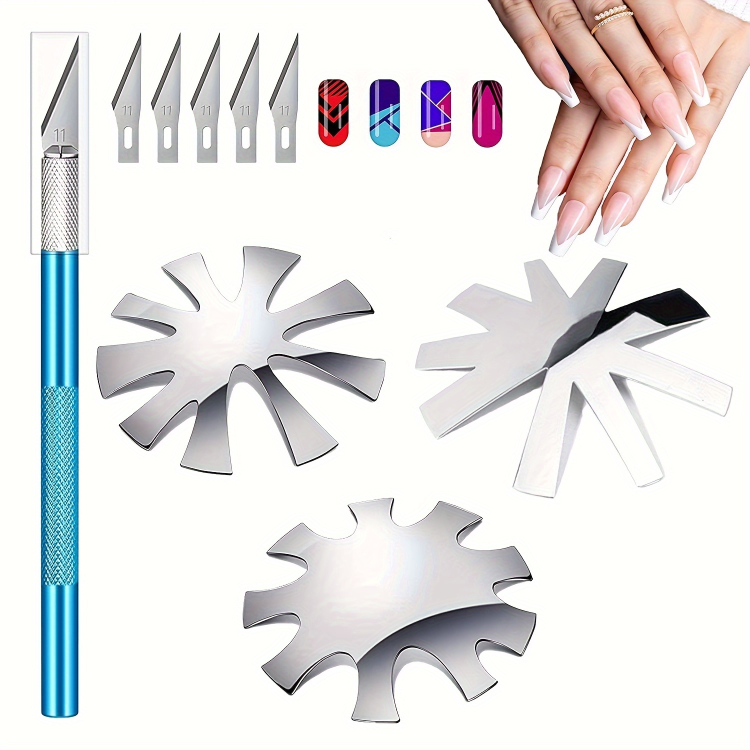 

French Smile Line Cutter Set, French Nail Cutters, Manicure Staniless Steel V Shape Edge Trimmer Templates, Plate Module Cutter With Handles Knife