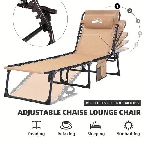 adjustable folding chaise lounge chair with pillow 5 reclining beige fabric cover supports 400lb ideal for patio pool camping sunbathing poolside furniture reclining chair sturdy construction