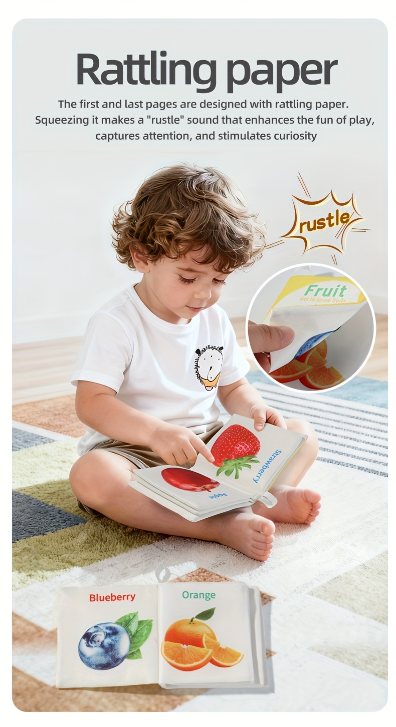 A Fantastic Early Education Tool for Fruit Recognition! This Six-Page Fabric Book Allows for Independent Exploration with Tear-Resistant Soft Material, Vibrant Fruit Illustrations, And Interactive Touch-And-Flip Learning. It Stimulates Curiosity
