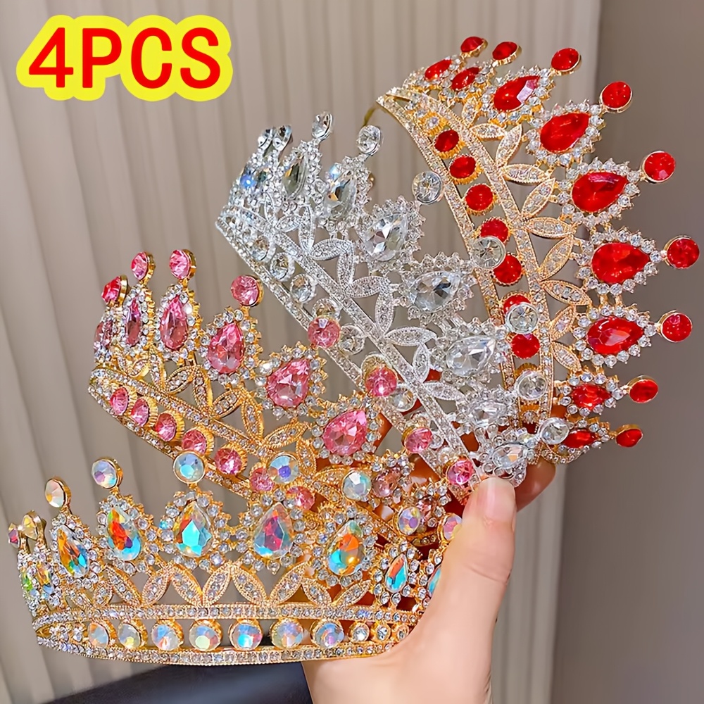TEMU 4pcs Crown Tiara Set, Light Luxury Headwear For Women, Red Silvery Pink Ab Colors, Bridal Wedding Party Hair Additions
