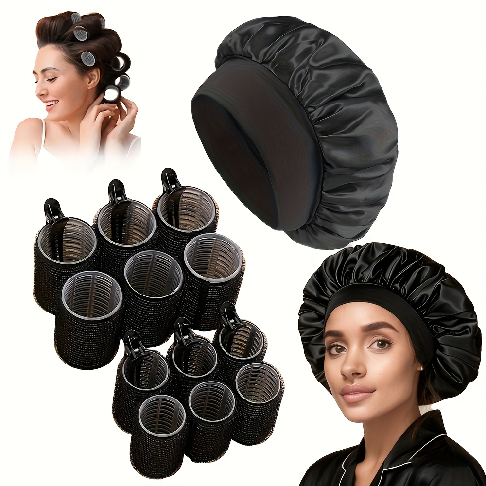 E-shop 19-teiliges Friseurset - 12 Lockenwickler + 6 Clips + Satinhaube, hitzeloses, selbstklebendes Friseurset in Salonqualität, 2025 Neues