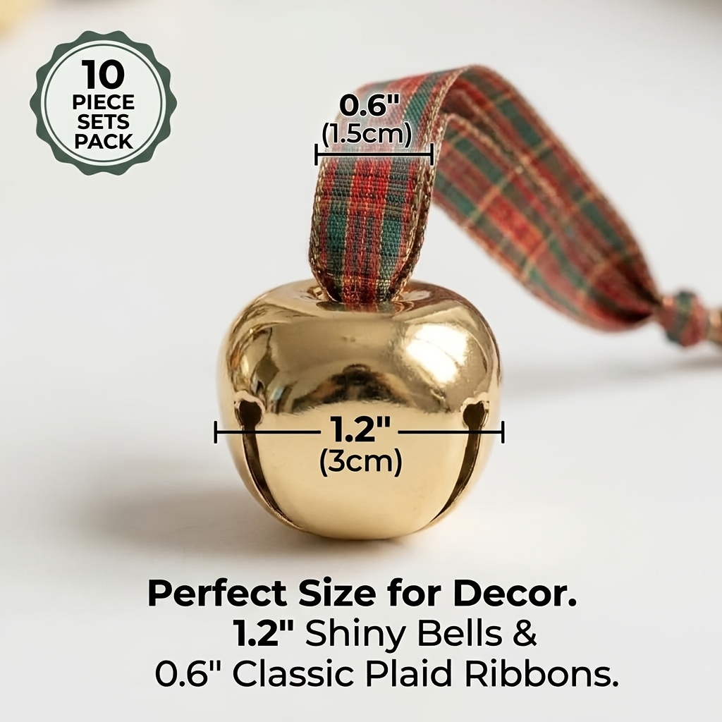 TEMU Bells Ornaments Set Of 10, 1.2" (3cm) Golden Decorative Bells With 0.6" (1.5cm) Ribbons For Christmas Tree Decorations, Decor, Window Hanging