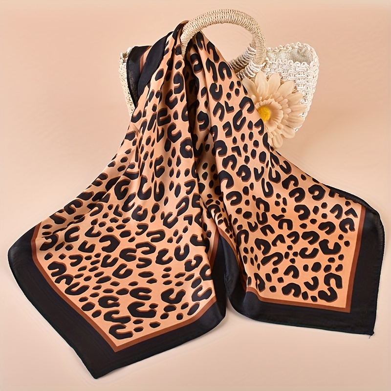 

27.5"coffee Color Leopard Print Square Scarf Satin Thin Breathable Neck Scarf Retro Style Sunscreen Headscarf For Women