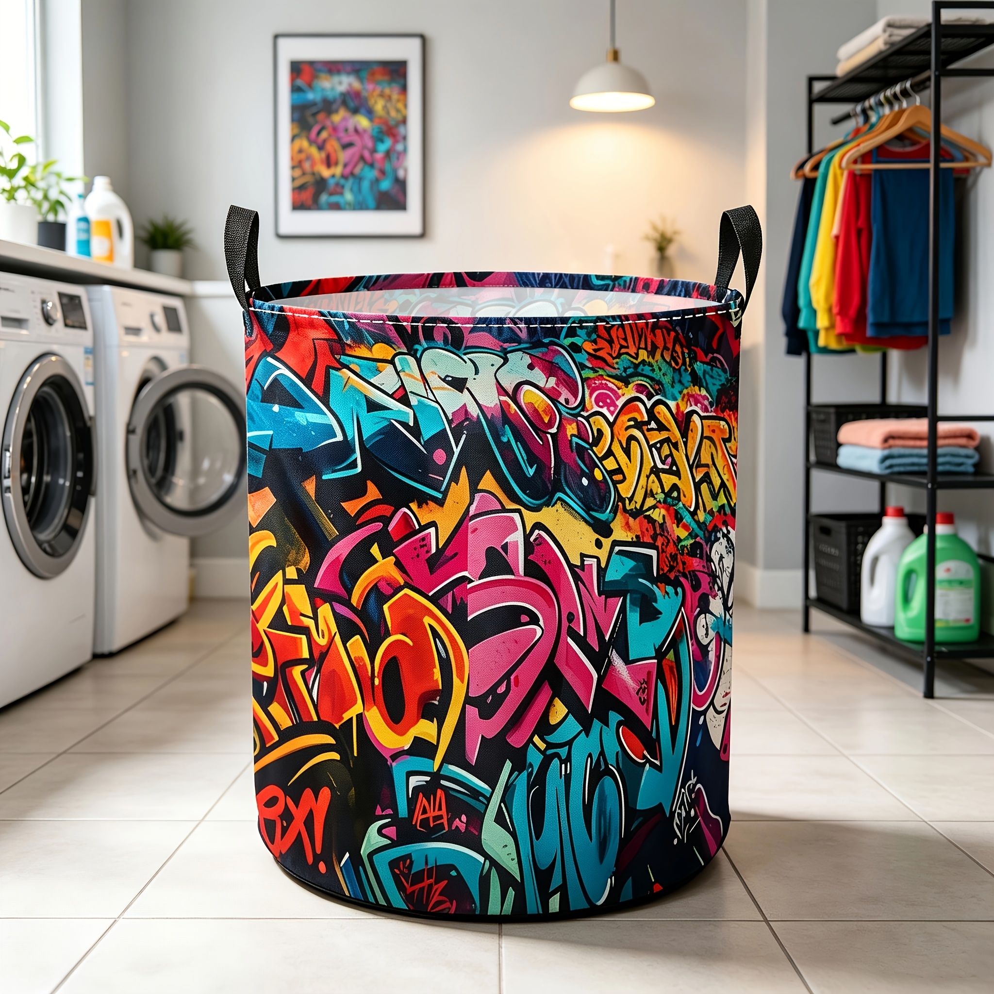 TEMU 1 panier à linge plat 2D avec motif graffiti imprimé, en polyester, avec poignée, motif mural de rue coloré. Panier de rangement pliable de