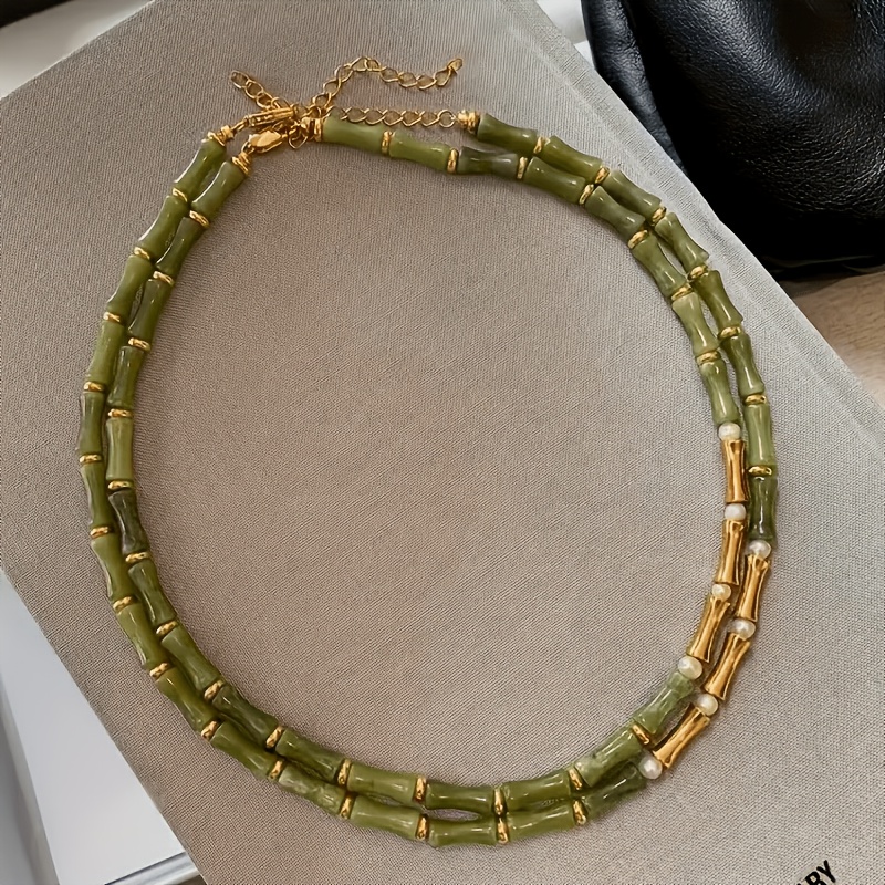 Women's Natural Olive Green Stone Necklace, Bohemian Minimalist