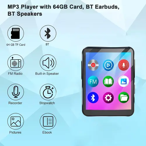 this 1 8 inch mp3 player with a 64g tf card and offers features including music ebook reading an alarm clock and a voice recorder making it an ideal portable music device for sports and travel