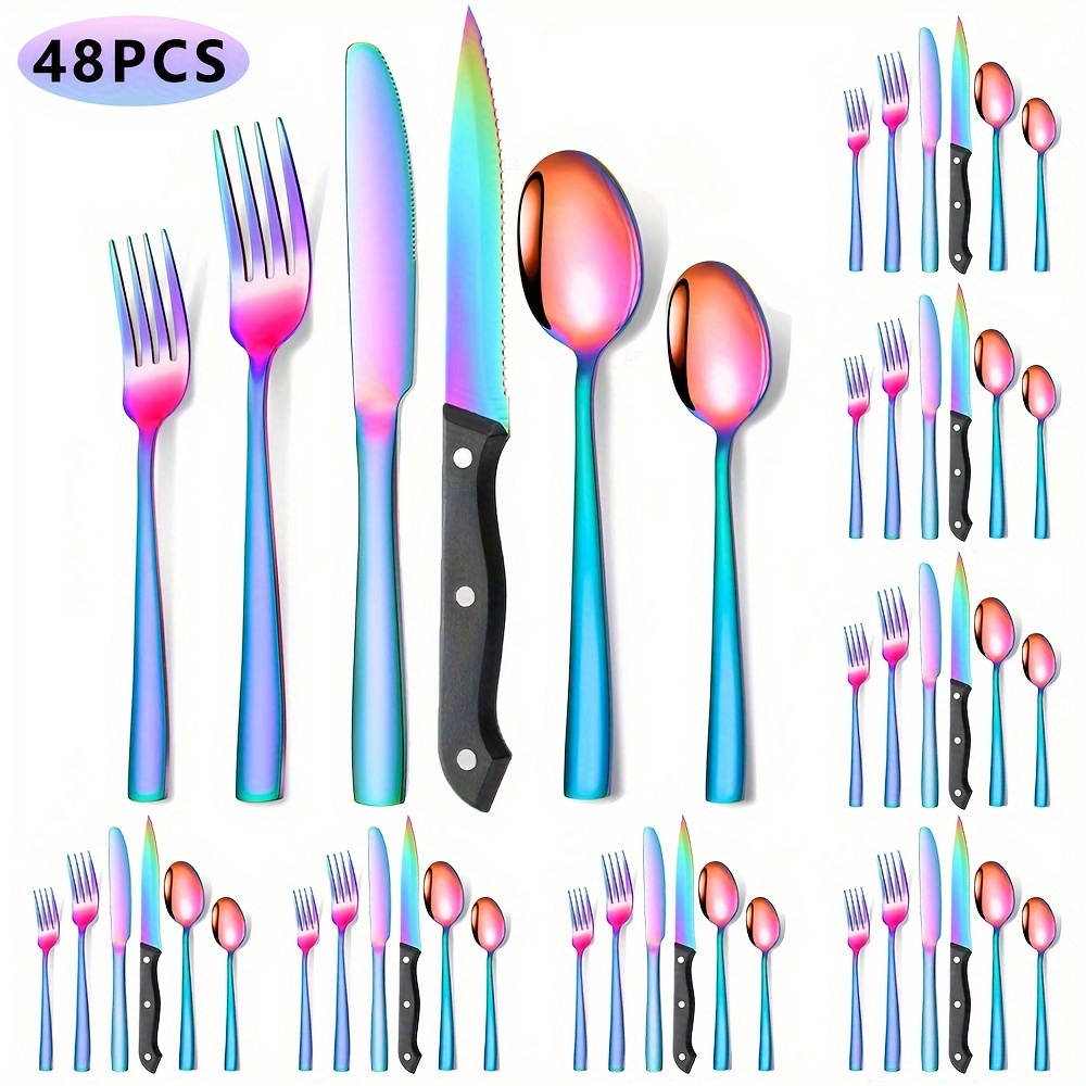 

48pcs Rainbow Cutlery Set With 8 Steak Knives - Stainless Steel Tableware Set For Home, Parties, And Restaurants- Dishwasher Safe Silverware Set, Mirror Polished Flatware Set