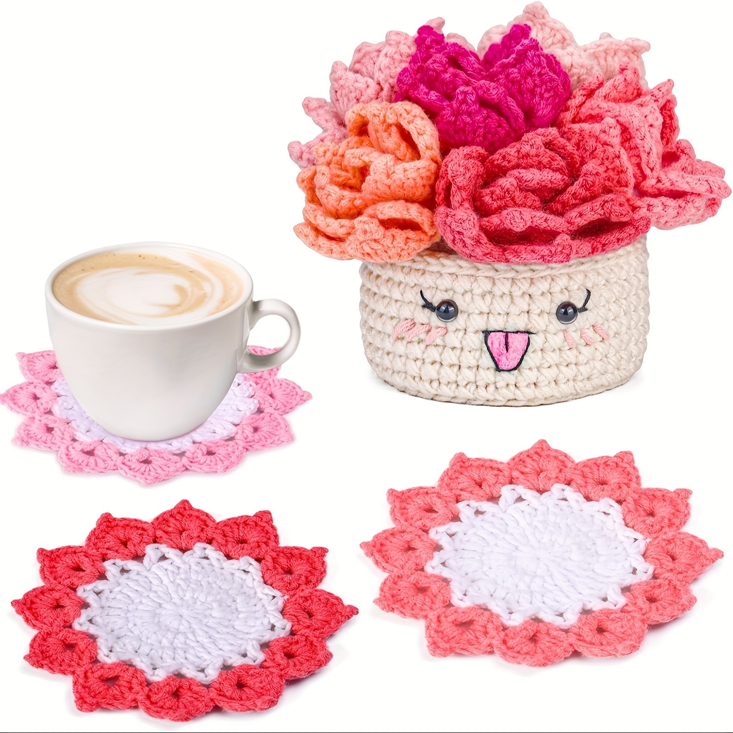 

6pcs Crochet Kit, Potted Plant Coasters Crochet Kit With Video Tutorials, Crochet Hooks, Learn To Crochet Kits For Adults, Crochet Kit For Beginners,