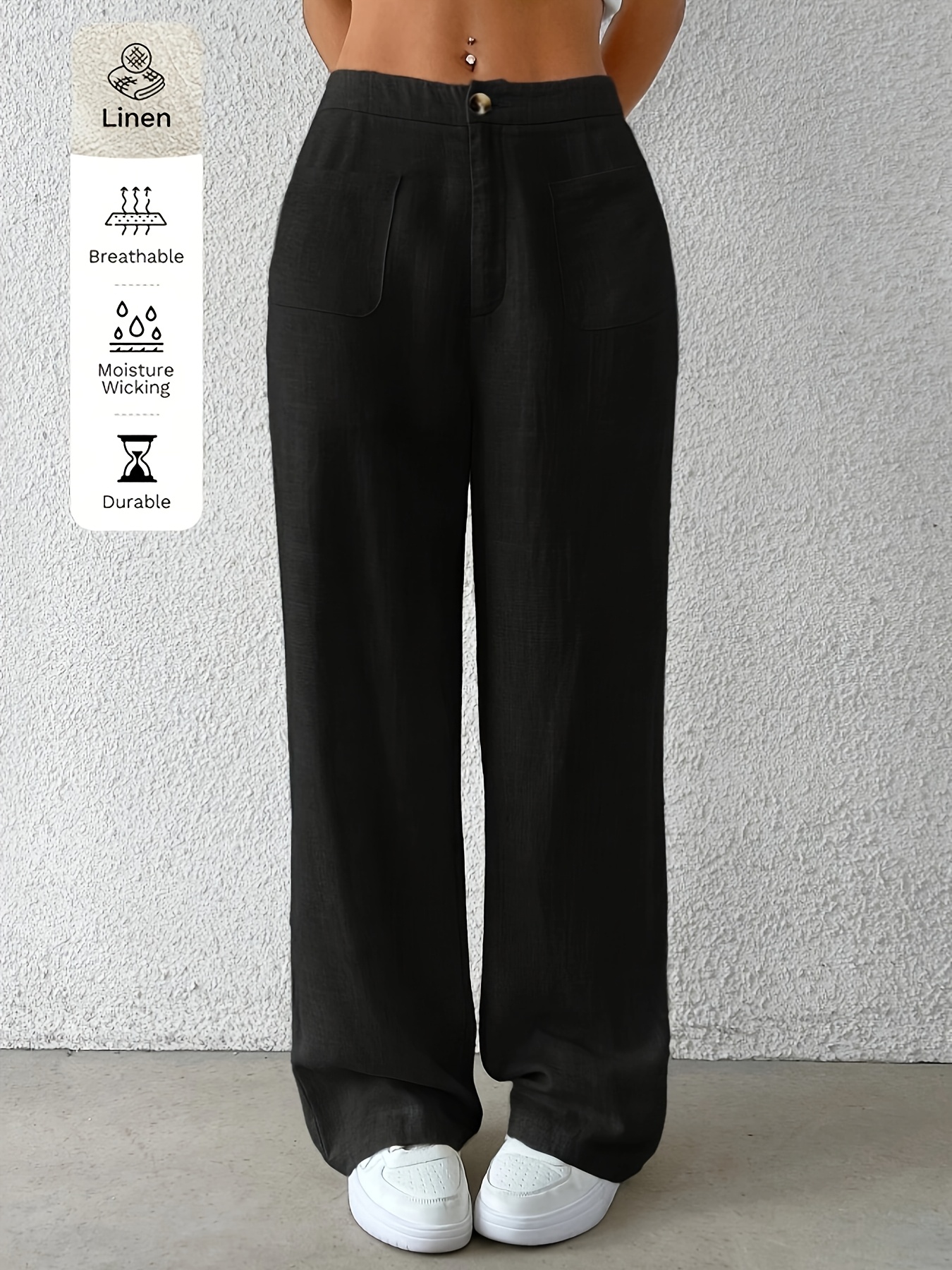 elegant women's wide-leg linen blend pants with stretch waistband and  pockets - spring/summer/fall, casual, linen blend - women's clothing - Temu