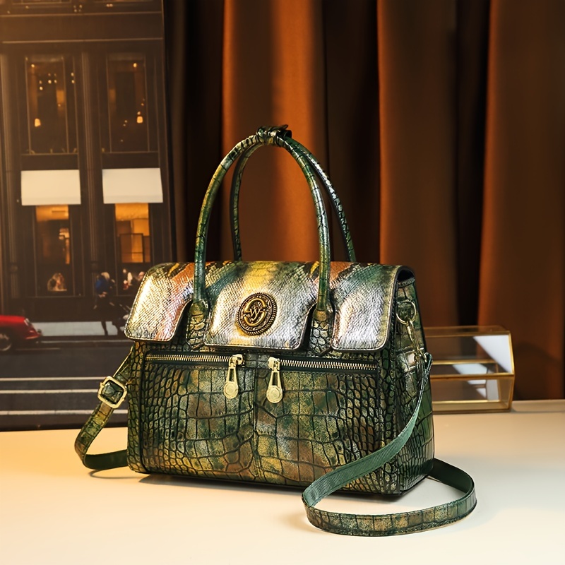 Green Crocodile-Print Handbag Crossbody outlet Tote