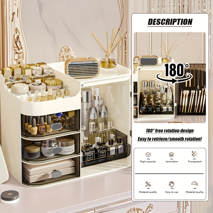 Makeup Storage Box And Light Beige Care Product Storage Box, A High-capacity Cosmetic Storage Solution. Cosmetic Storage Cabinet With 3 Drawers And Mirrors, Cosmetic Display Case Cosmetic Organizer, Table And Drawer Organizer For Home Storage