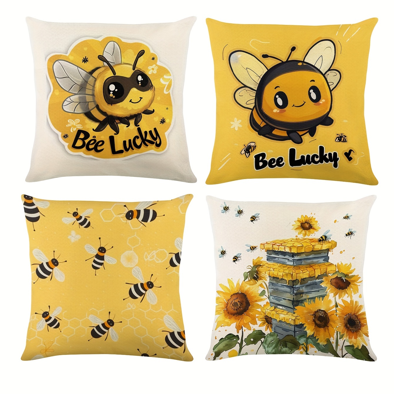 

4 Pack Bee-themed Linen Throw Pillow Covers, 17.72x17.72 Inches, Cute Contemporary Style, Single-sided Print, Soft & Comfortable Square Cushion Cases For Daily Home Decor – Pillow Inserts Not Included