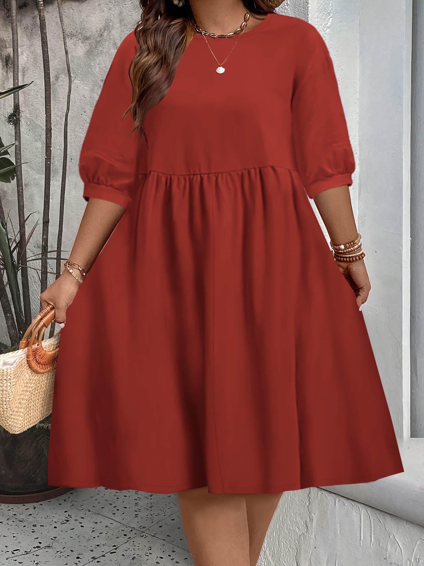 Plus Size Casual Dress, Women's Plus Solid Bubble Sleeve V Neck Nipped  Waist Mini Dress