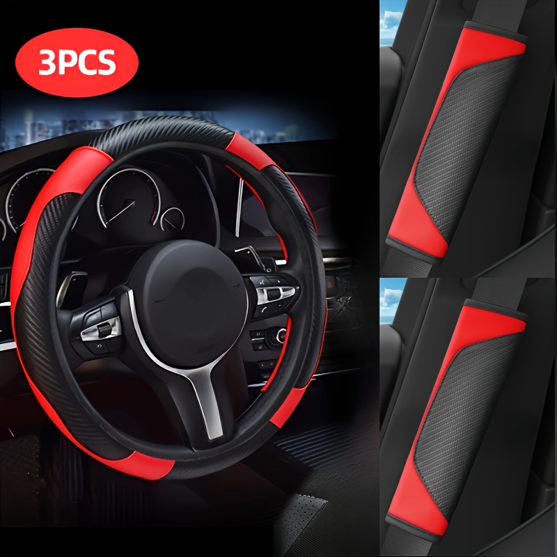 TEMU 3pcs Pu Leather Car Steering Wheel Cover With Carbon Fiber Pattern & Shoulder Pads Set