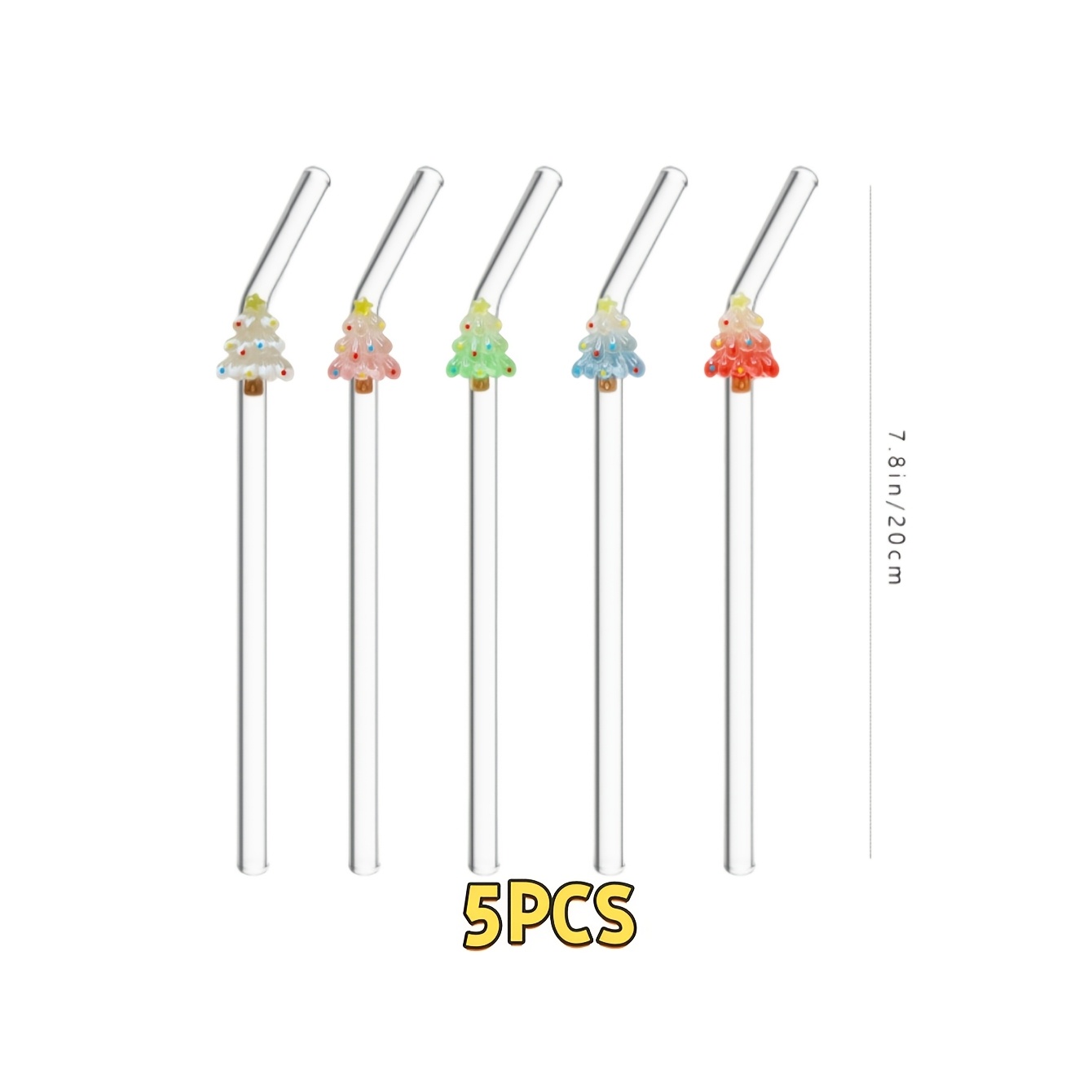 TEMU 5pcs Christmas Colorful Tree Decor Curved Glass Straws. Reusable Transparent Straws For Coffee, Milk Tea, Juice, Cold & Hot Drinks. Weddings,