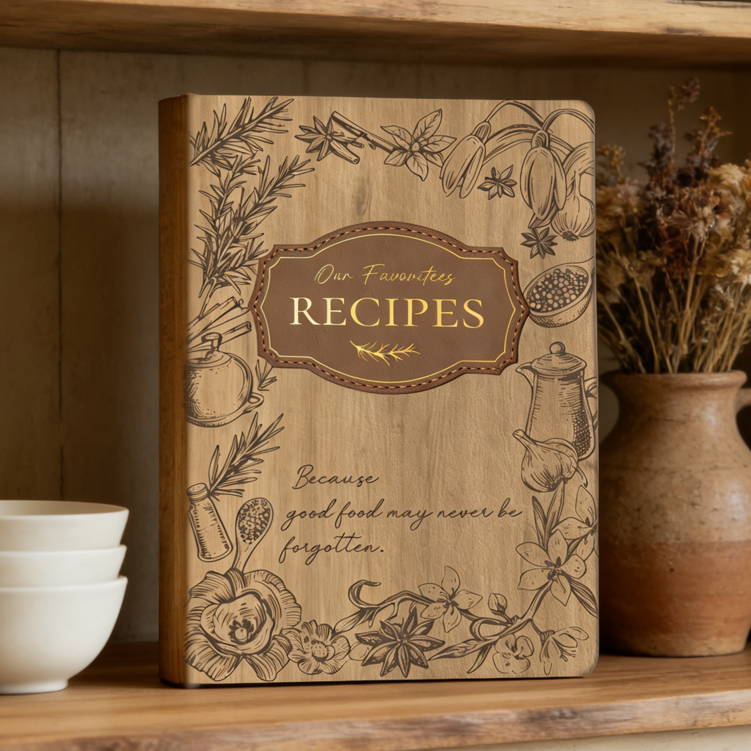 E-shop 150-seitiges Rezeptbuch mit Holzmaserung | A5-Format (5,7x8,2 Zoll), wasserdichte Hülle, elegante Folienprägung, fasst 144 Rezepte, als