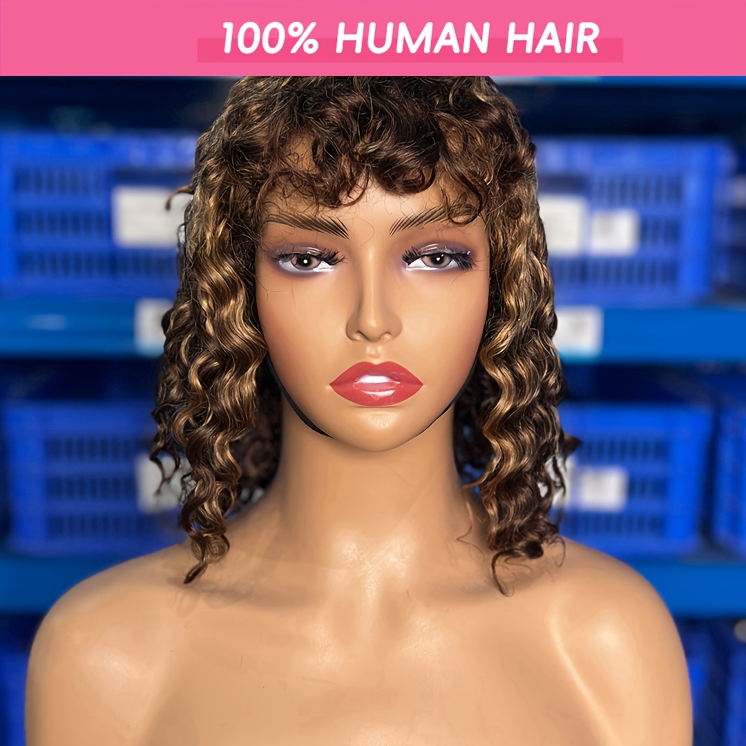 

Put On And Go Short Wig With Bangs Bob Human Hair Wig For Women Highlight P4/27# 12 Inch Short Curly Bob Wig 180% Density Glueless Wig