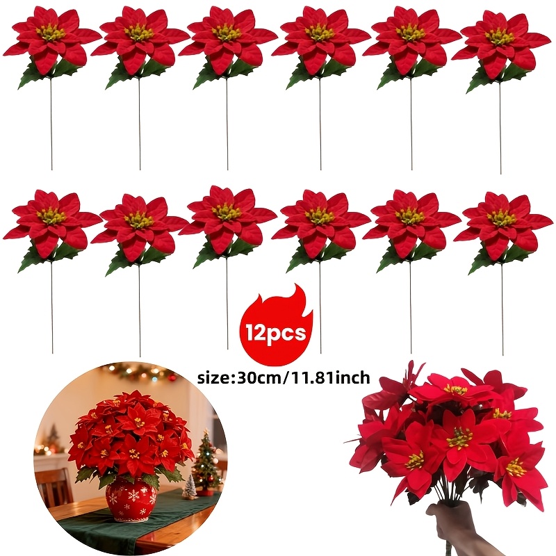 TEMU 12pcs Artificial Poinsettia Flowers, Floral Decorations, Suitable For Christmas, Halloween, Home Decor, Dining Table Centerpiece, Wedding Decor,