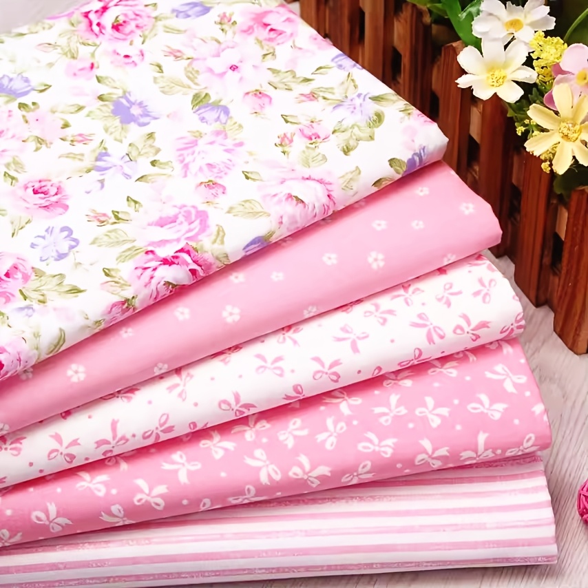TEMU 5 Pink Floral And Bow Fabric Bundles - Suitable For Diy Projects, Doll Clothes, Quilting Polyester Craft Fabric - Pre-cut Squares Of Patterns,